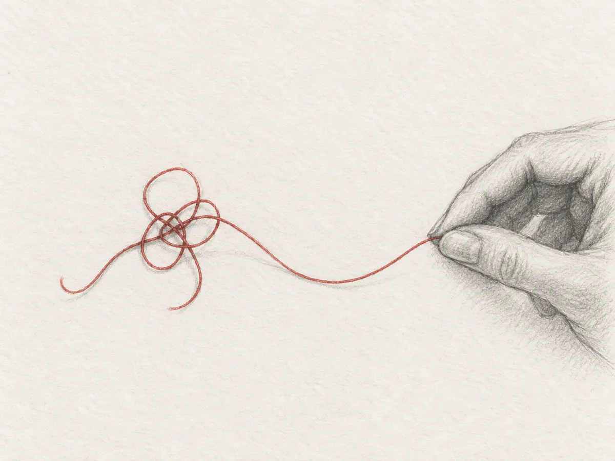 A pencil-drawn hand gently working a red thread out of a loose knot.