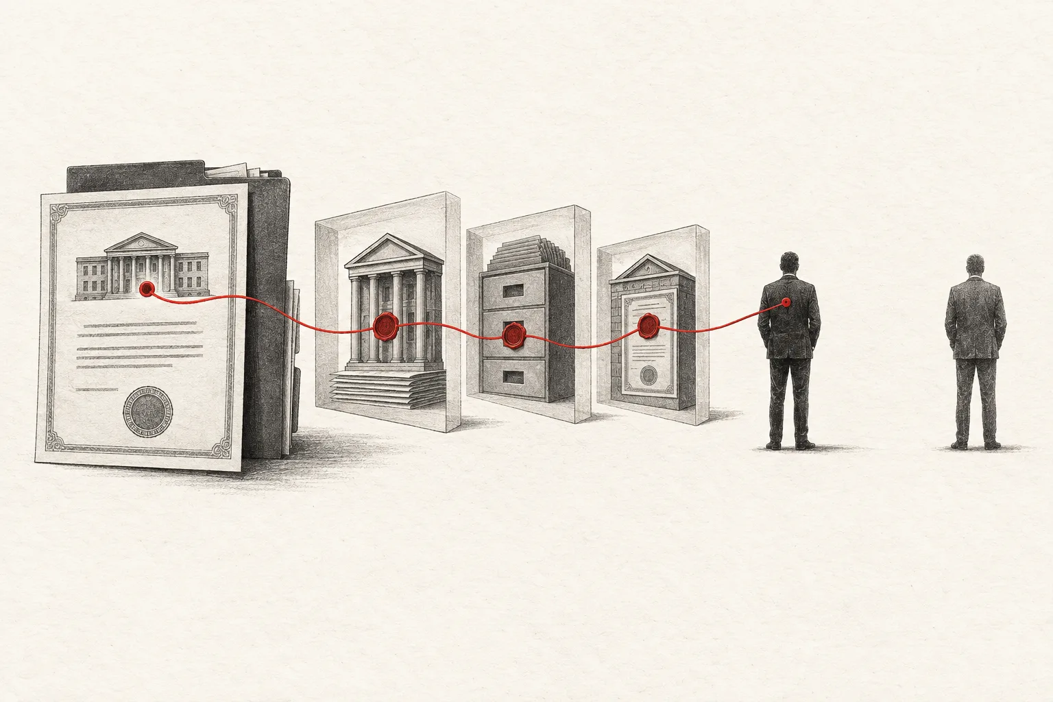 A certificate connected by a red thread through layered records to one person, with a second similar-looking person separated from the line.